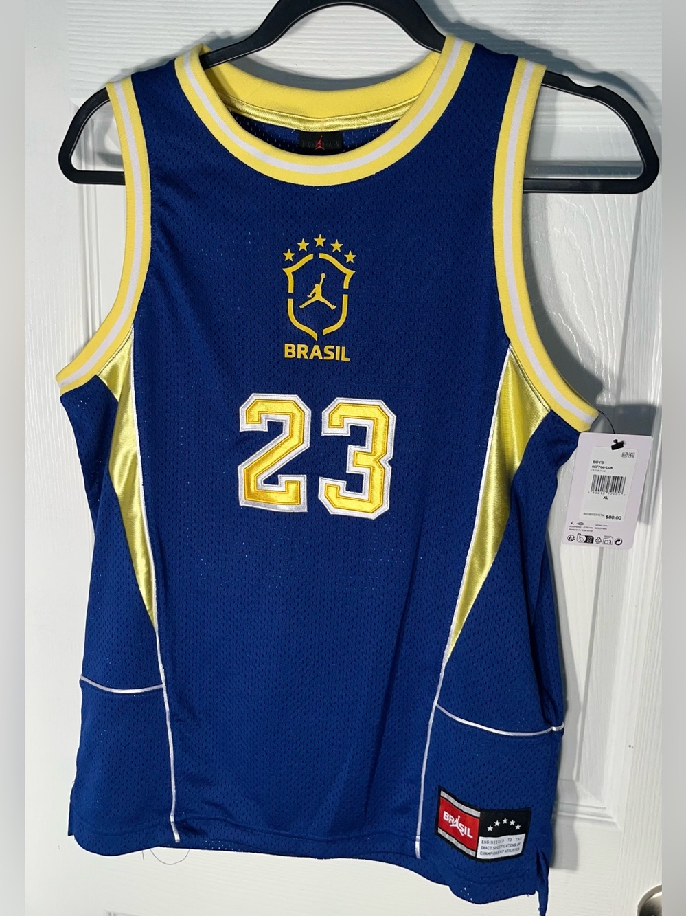 $80 Boy’s Nike Air Jordan x Brasil #23 Blue Yellow Mesh Basketball Jersey XL